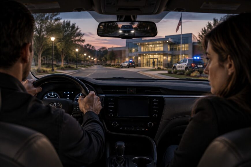 Man driving a Toyota Camry with a female passenger looking ahead at police cars near a building
