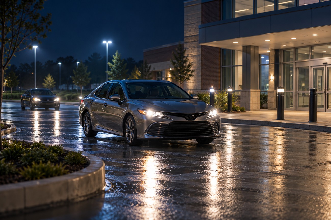 A silver Toyota Camry driving through a wet illuminated parking lot at night with another car following behind