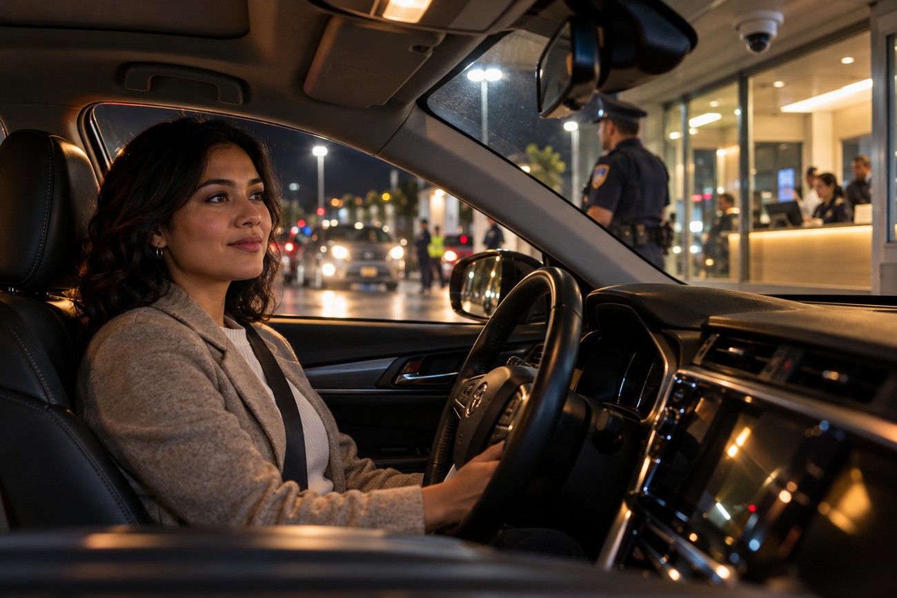 A calm woman sitting inside her Toyota Camry parked outside a brightly lit police station at night