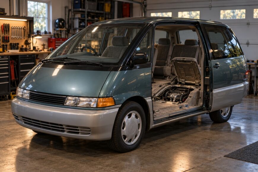 Teal Toyota Previa minivan parked in a garage with the side door open and floor hatch raised to show the mid-engine layout