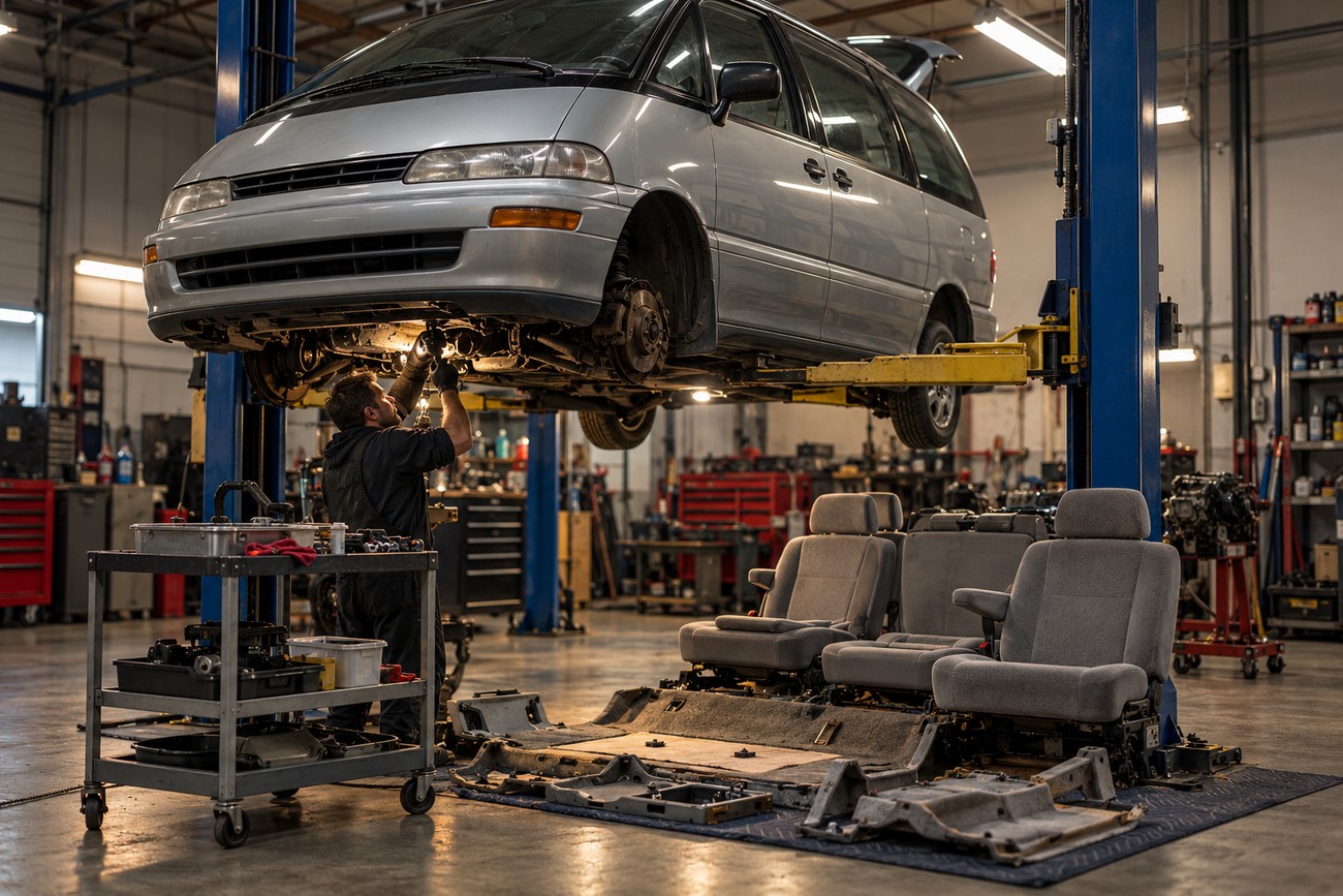 A mechanic working under a silver Toyota Previa lifted on a hydraulic hoist in a repair shop with removed interior seats nearby
