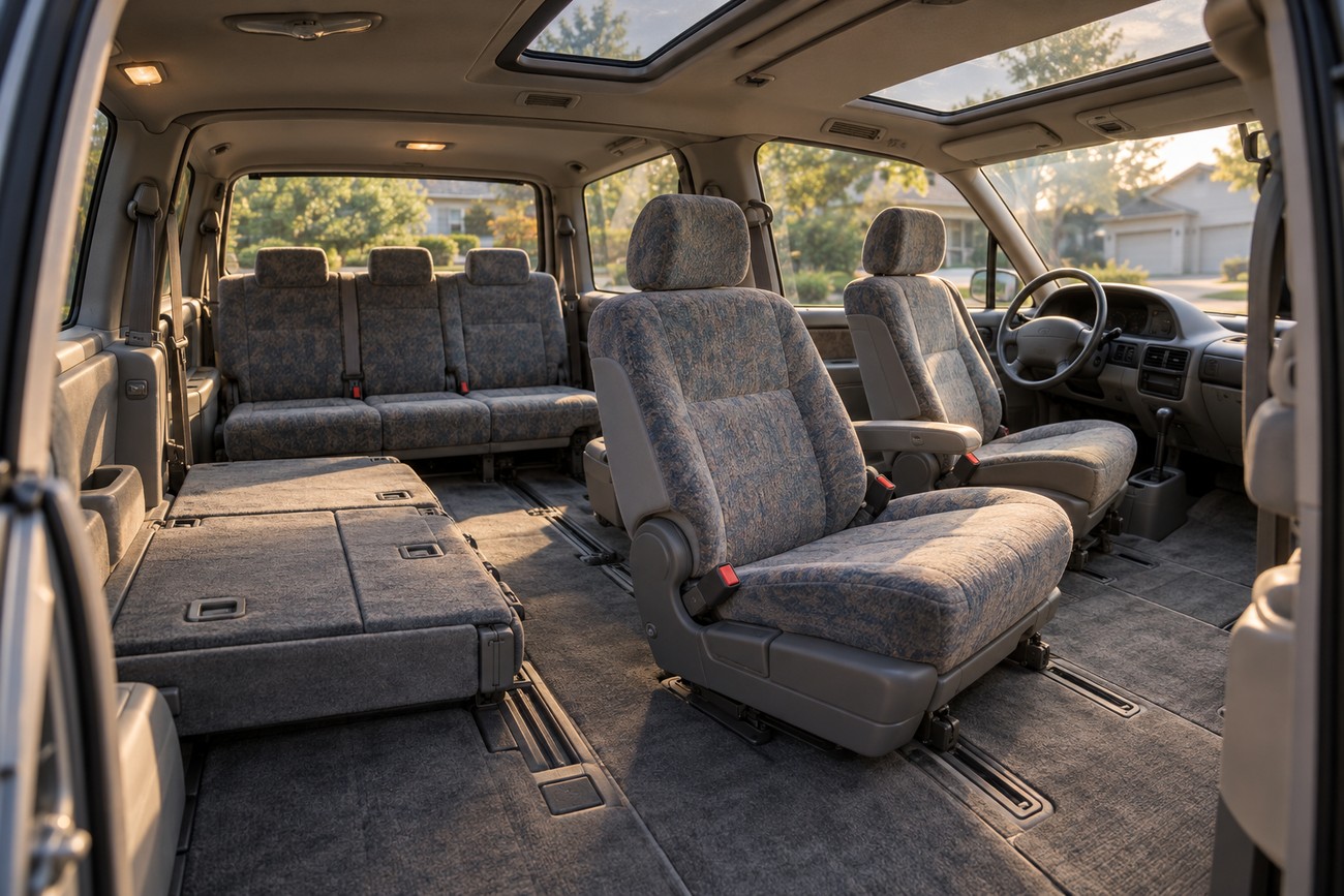 Interior view showing the spacious cabin and seating layout of a classic Toyota Previa minivan