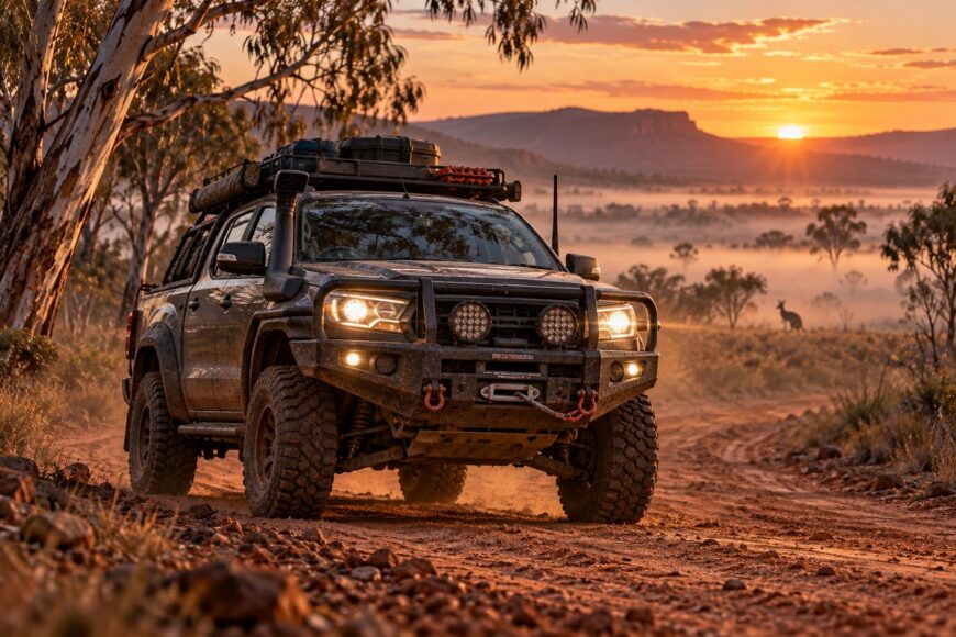 An off-road Ford Ranger equipped with a massive roo bar driving on a dusty Australian outback track during a misty sunrise