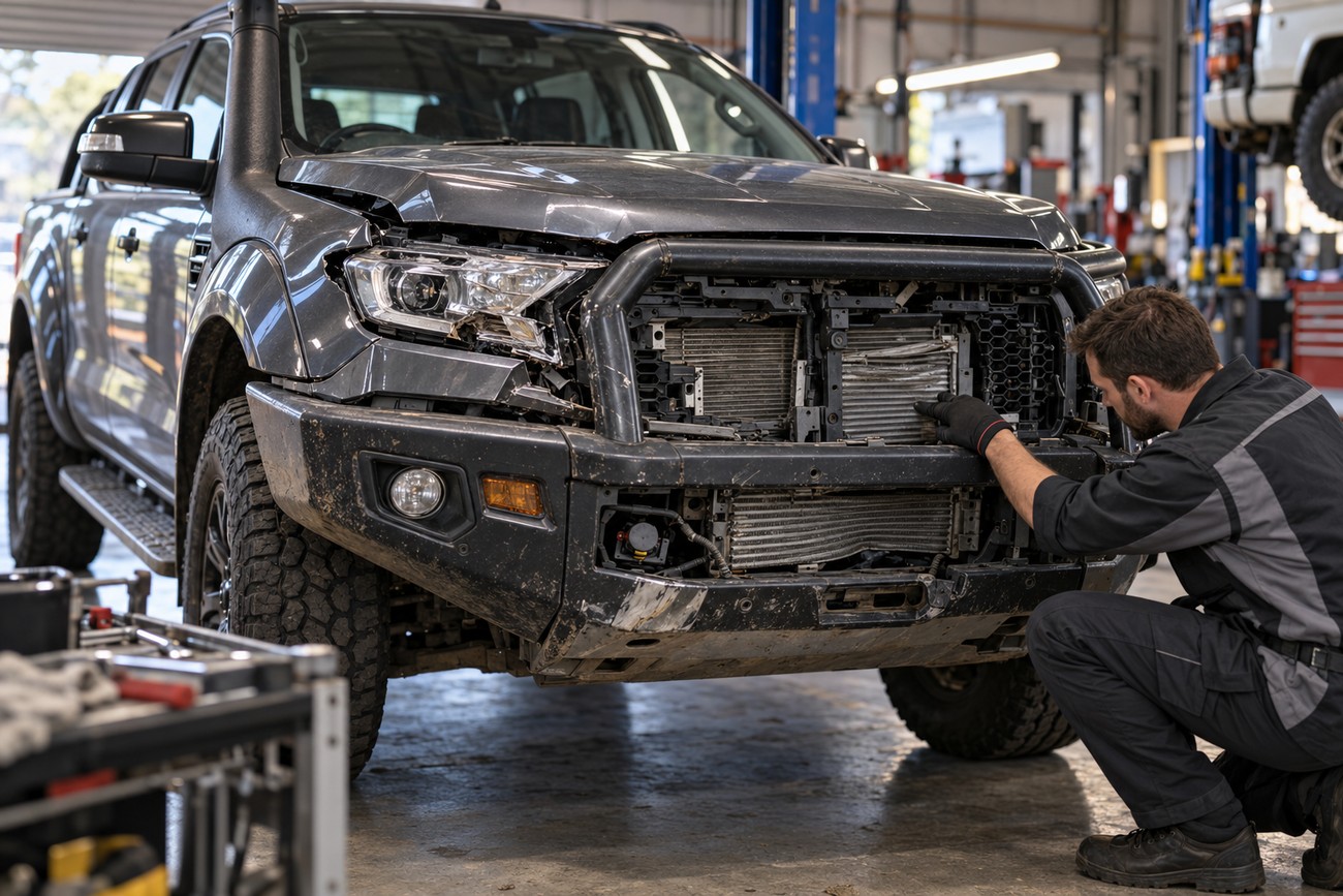 A mechanic in workwear squats to inspect the front end damage and massive roo bar of a grey Ford Ranger in a garage
