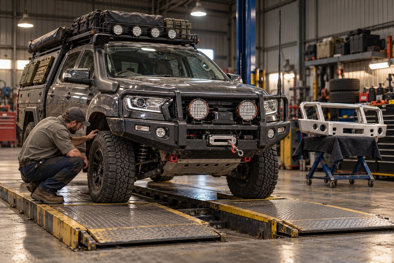 A mechanic inspecting the wheel of a muddy Ford Ranger fitted with a massive black roo bar and auxiliary lights inside an auto repair shop