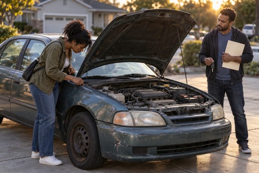 A woman inspects the engine of a used car with the hood open while a man holds car keys and a folder nearby