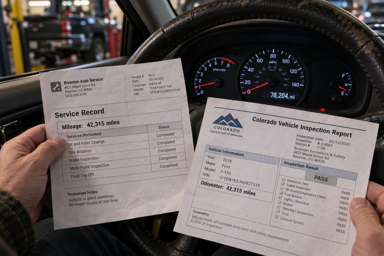 A person holding a service record and a vehicle inspection report showing a mileage discrepancy inside a car