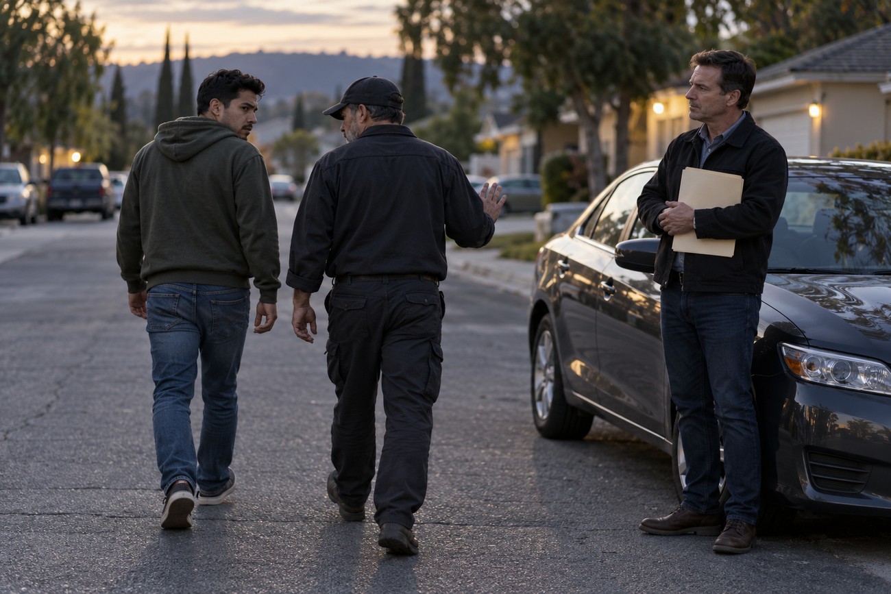 A man holding paperwork stands near a dark car on a residential street while two men walk away