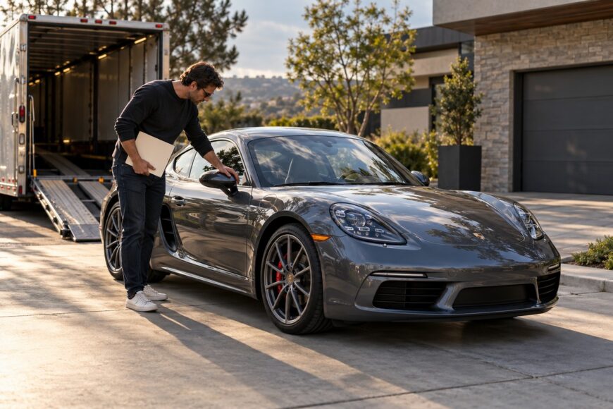 A man holding paperwork inspects a gray Porsche Cayman delivered by an enclosed trailer to a driveway