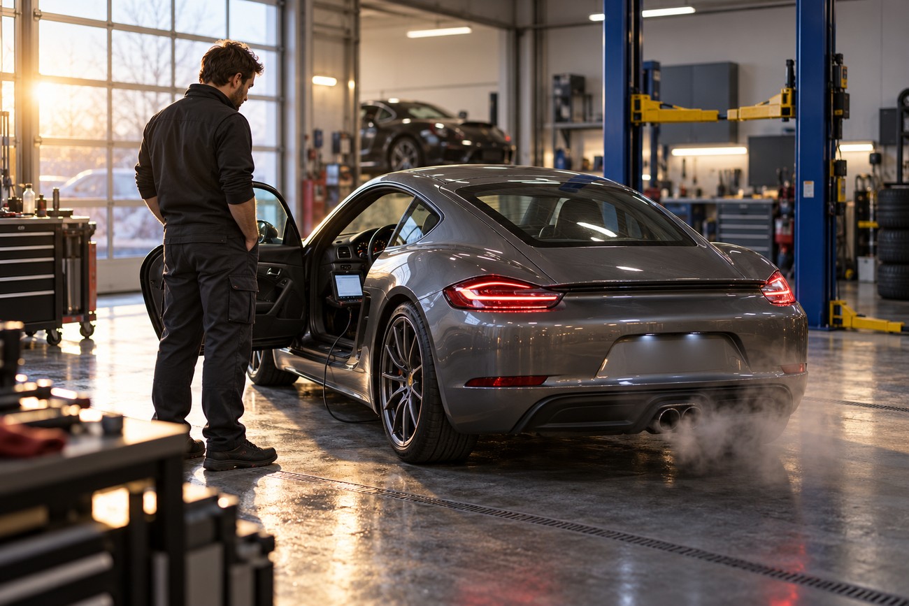 A mechanic in work clothes inspecting a gray Porsche Cayman inside a bright service garage