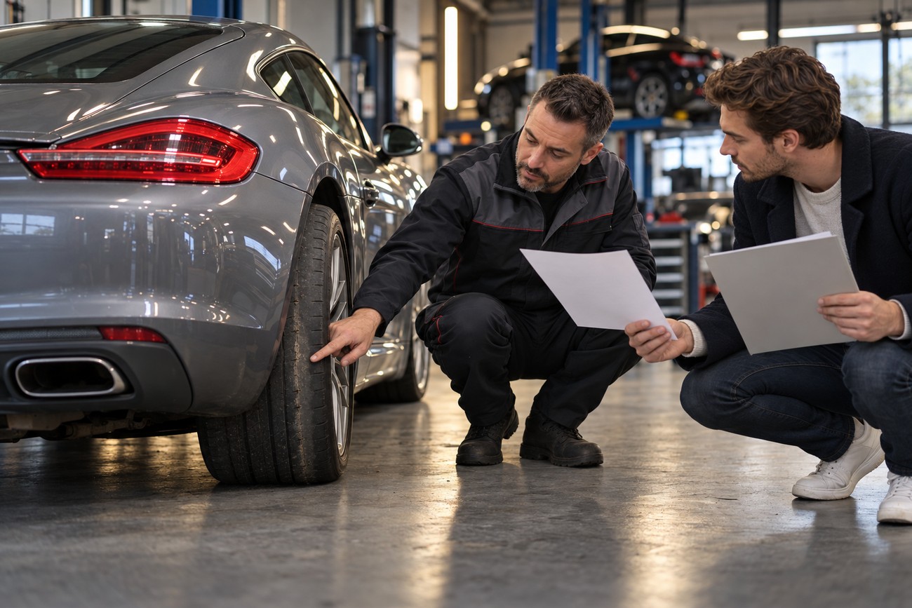 Mechanic pointing at the rear tire of a gray Porsche Cayman while explaining vehicle condition to a buyer holding papers in an auto shop