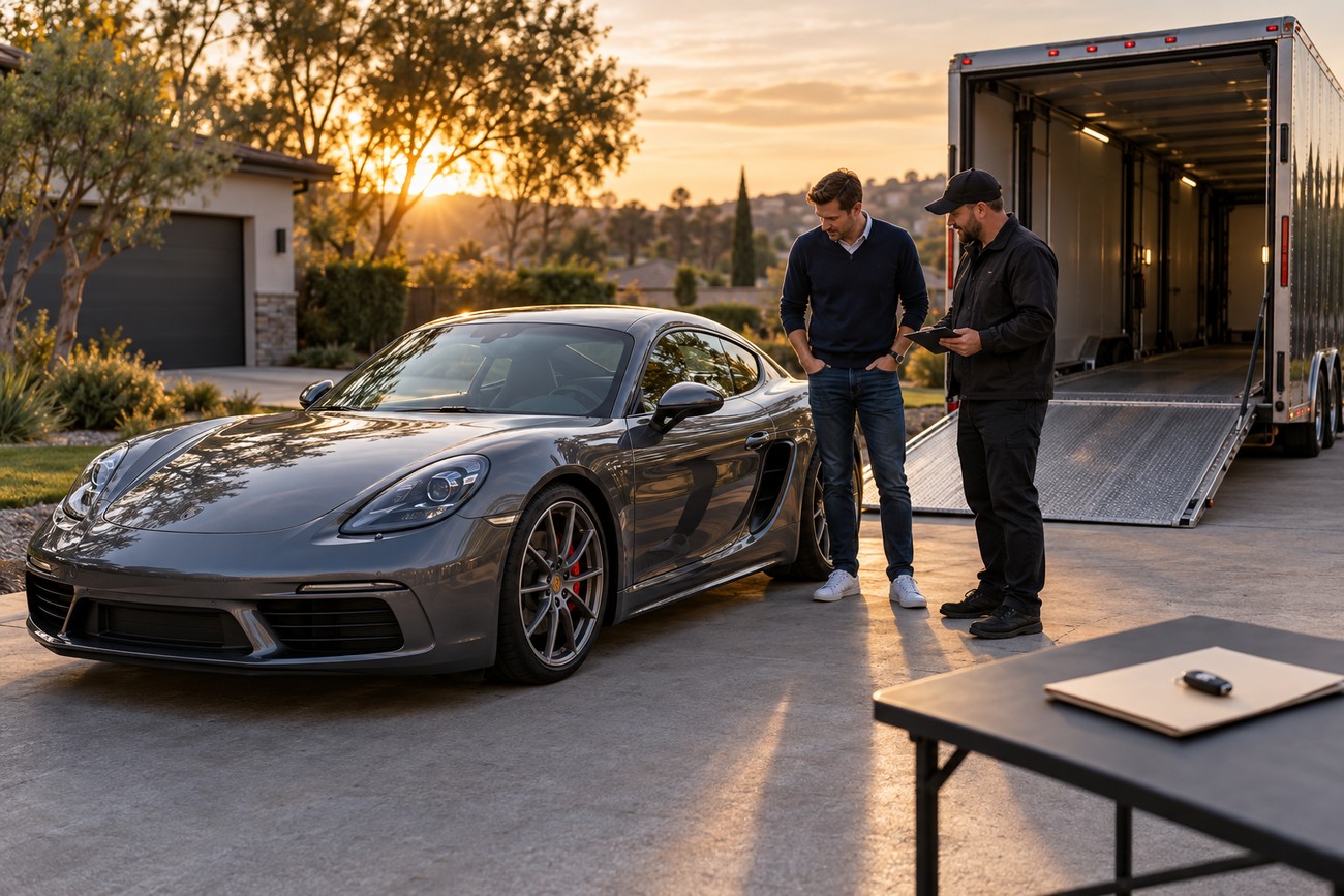 A man inspecting his newly delivered gray Porsche Cayman next to an enclosed transport trailer in a driveway at sunset