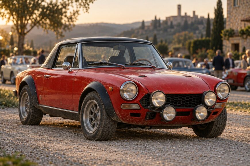 Classic red Fiat 124 Abarth Rally Spider with auxiliary lights parked on a gravel surface during golden hour