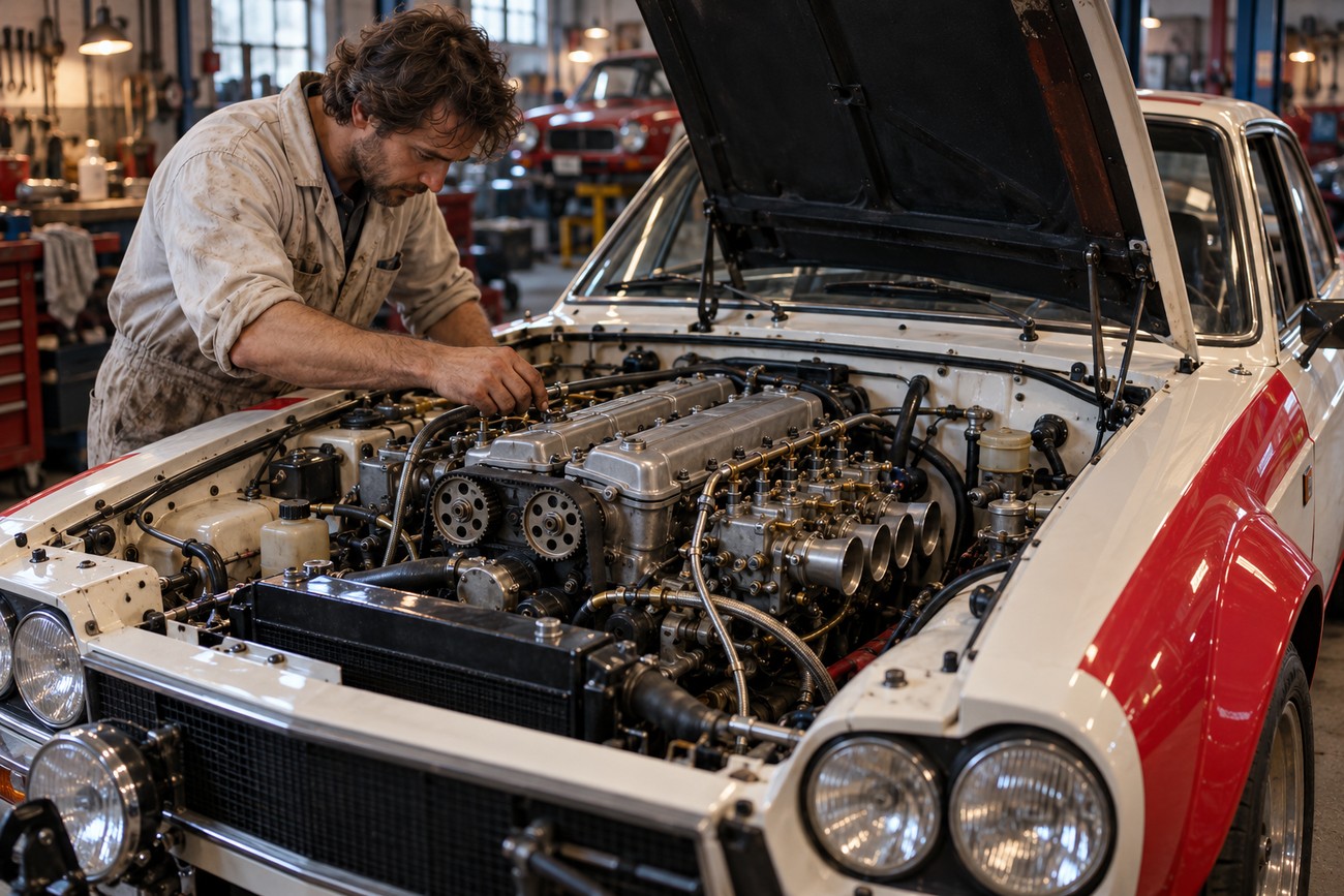 A mechanic working on the detailed engine bay of a classic white and red Fiat 124 Abarth Rally inside a garage