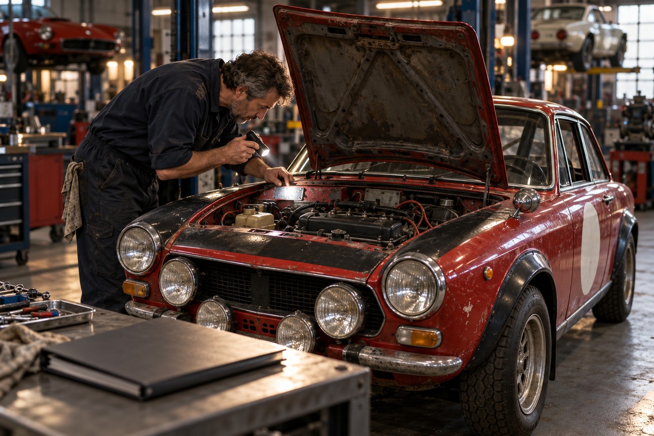 A mechanic with a flashlight inspecting the engine bay and chassis plate of a classic red Fiat 124 rally car inside a workshop