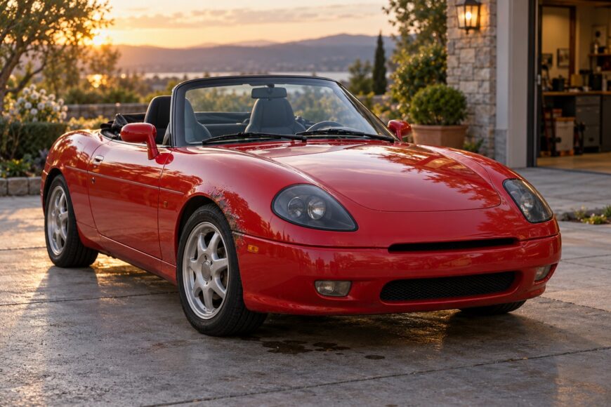 Bright red Fiat Barchetta convertible parked on a concrete driveway during golden hour sunset with rolling hills behind