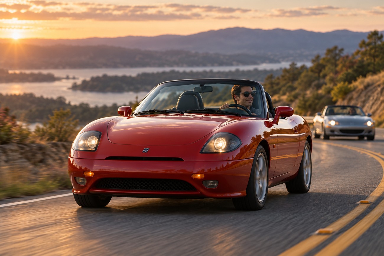 A red Fiat Barchetta convertible driving on a winding scenic road during sunset with hills and a lake in the background