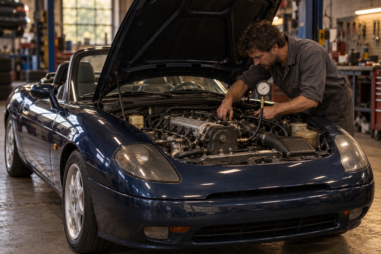 A mechanic in overalls checks the engine bay of a dark blue Fiat Barchetta roadster in a garage
