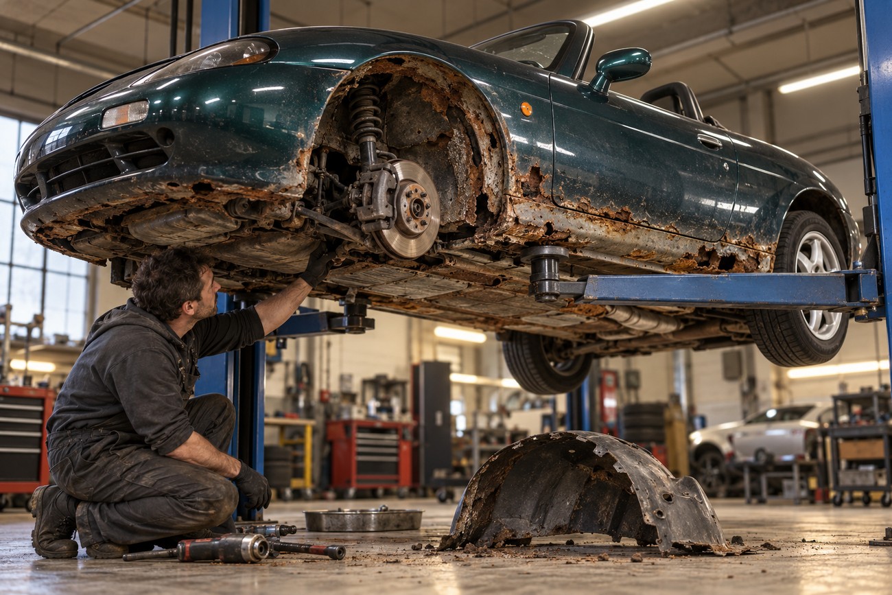 A mechanic inspecting severe rust on the underbody and wheel arch of a Fiat Barchetta raised on a lift in a garage