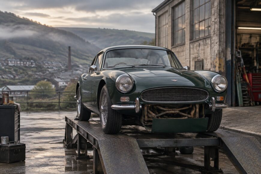 A classic dark green Gilbern Invader sports car parked on metal workshop ramps outside an industrial garage with rolling hills in the background