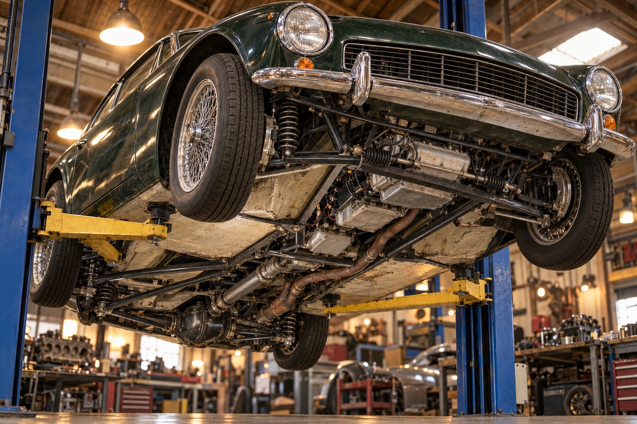 Classic dark green Gilbern Invader sports car lifted on a hydraulic hoist showing its undercarriage and suspension