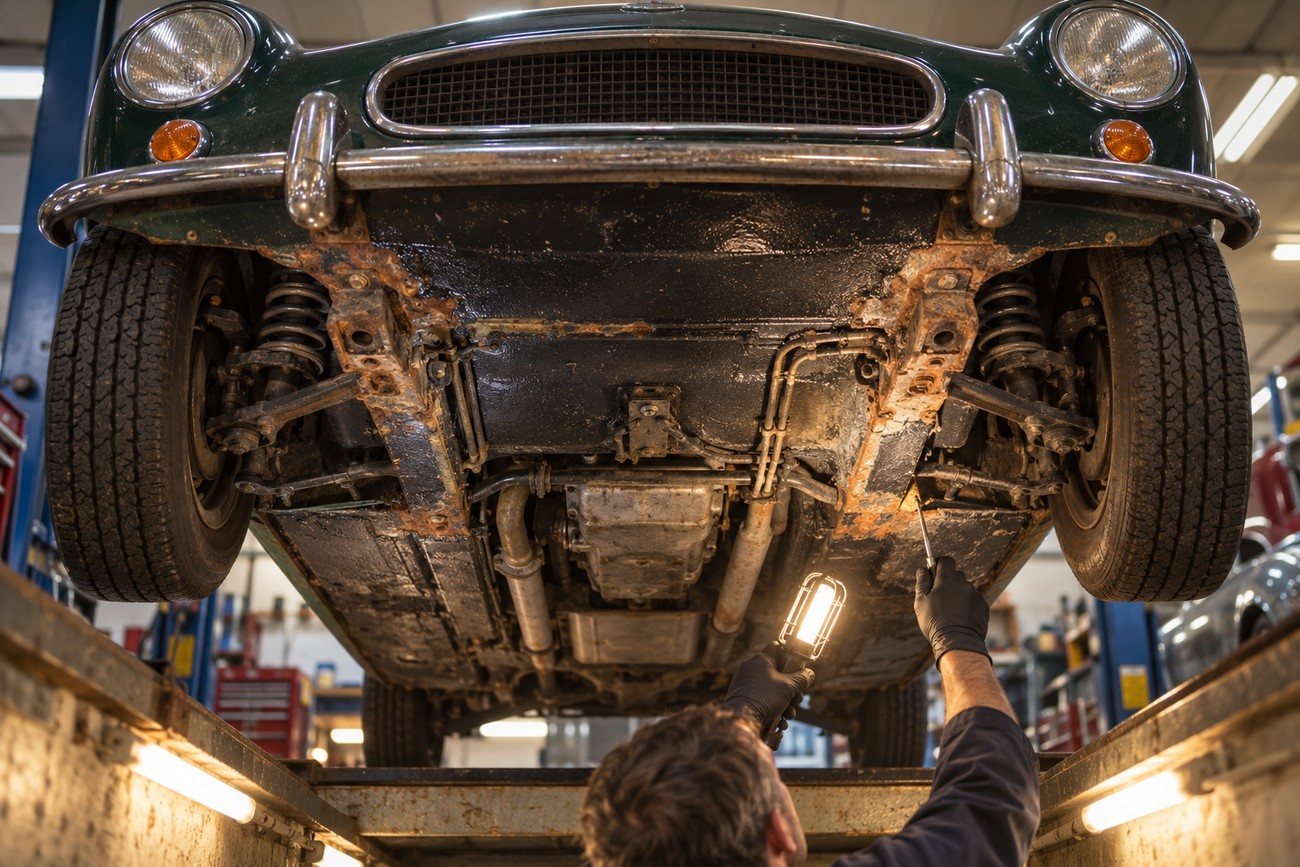 Mechanic wearing black gloves holds a work light to inspect the rusty underbody of a classic Gilbern Invader sports car on a lift in a garage