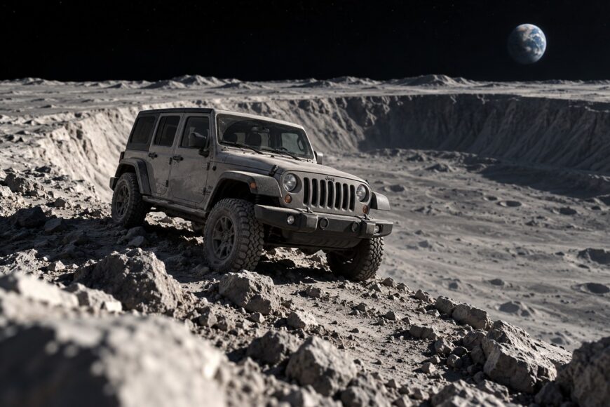 A dusty Jeep Wrangler Rubicon navigating the rocky lunar terrain near a deep crater with planet Earth in the starry sky