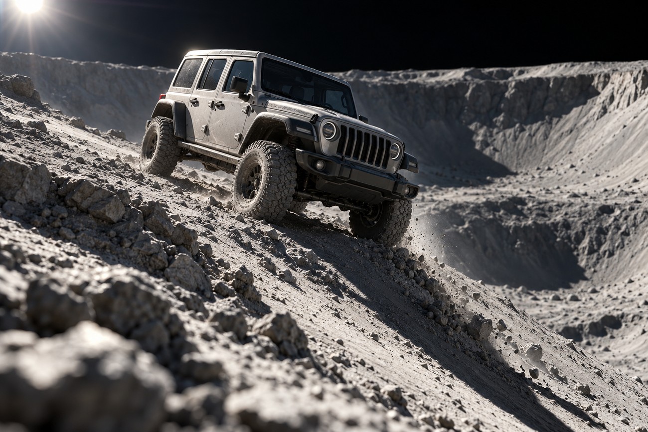 A Jeep Wrangler Rubicon driving down a steep rocky slope inside a lunar crater under harsh sunlight