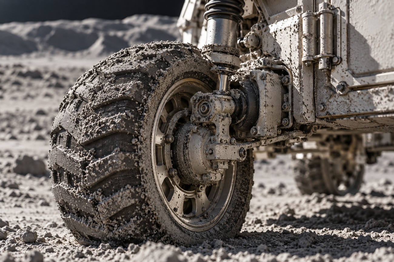 Close-up of a rugged Jeep Wrangler Rubicon wheel and suspension on the dusty lunar surface