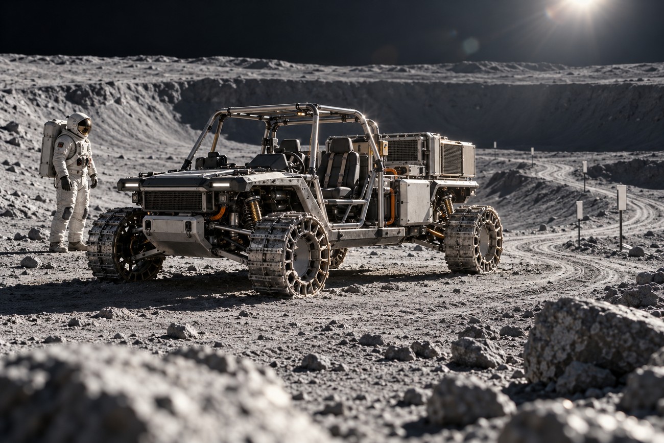 A modified Jeep Wrangler Rubicon lunar rover parked near a crater on the Moon with an astronaut standing nearby