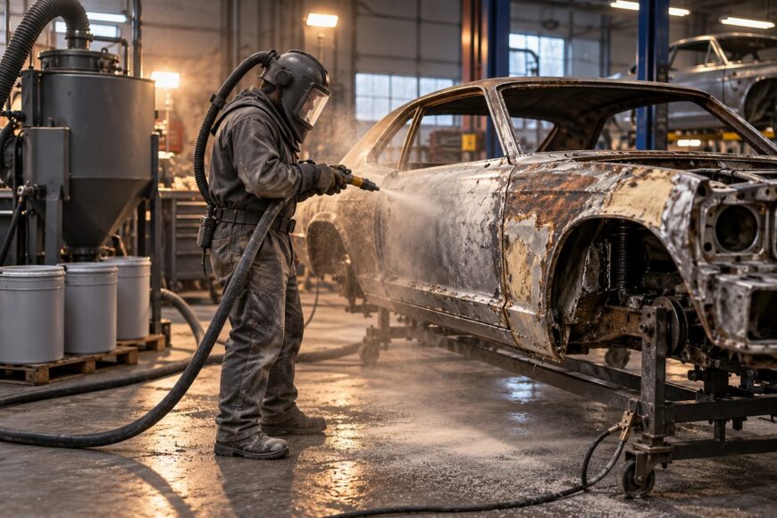 A technician in protective gear and helmet uses a media blaster to strip rust from a classic car body in a workshop