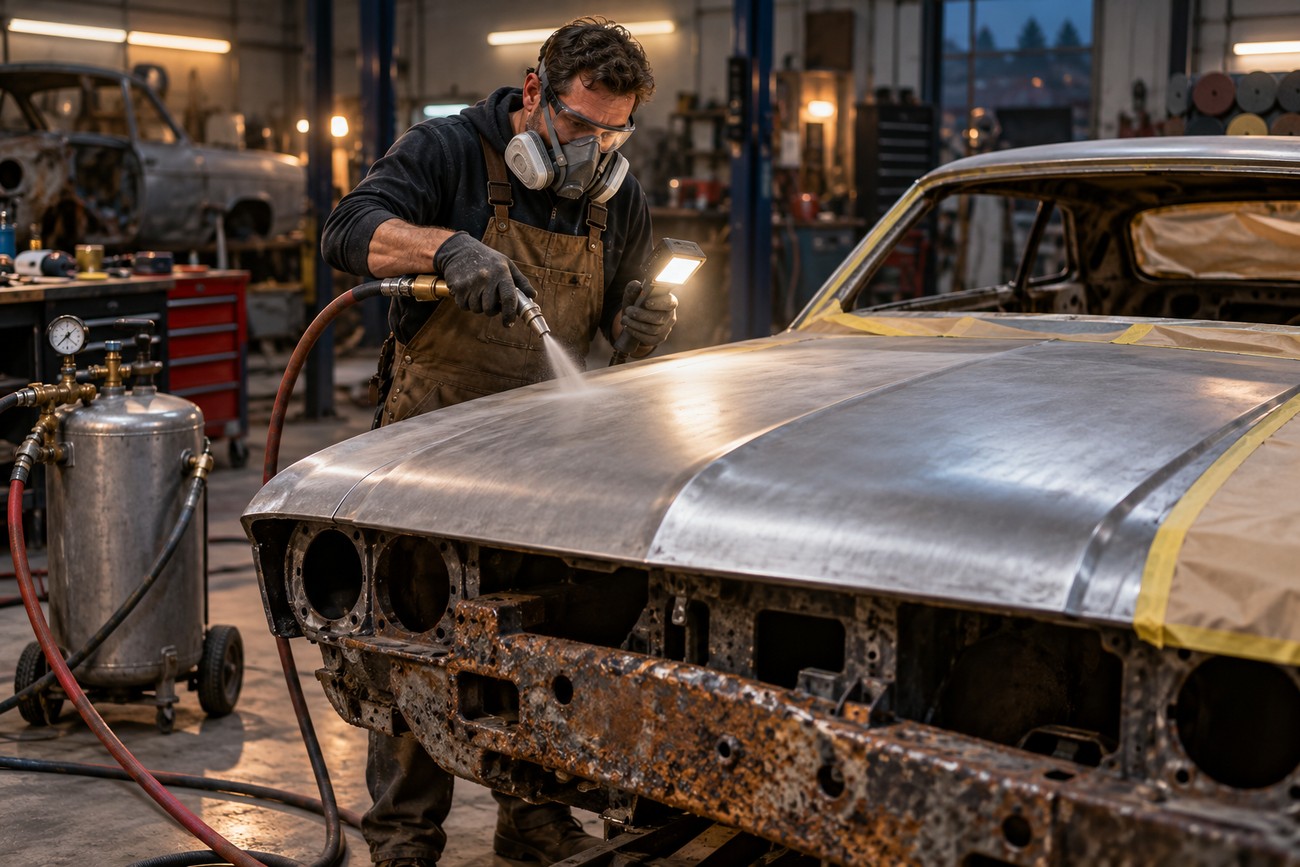A mechanic wearing protective gear and a respirator uses a media blaster on a classic car hood in an auto repair shop