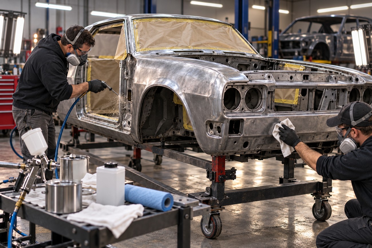 A mechanic wearing protective gear uses a media blasting tool on a stripped classic car body in a workshop