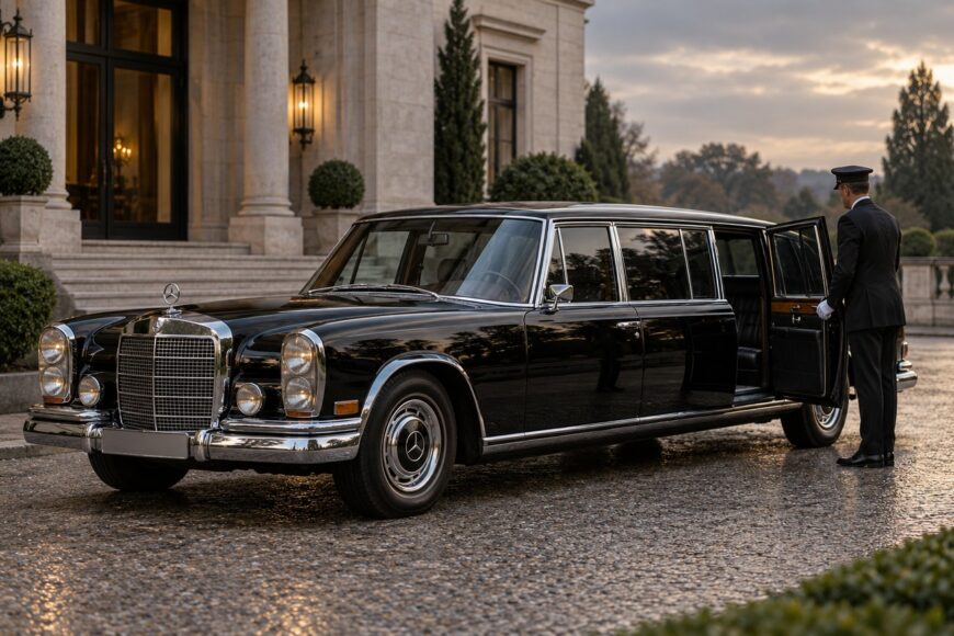 A classic black Mercedes 600 Pullman limousine parked on a paved driveway with a chauffeur holding open the rear door in front of a grand palace