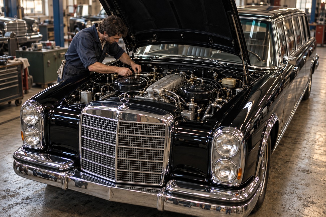 A mechanic in a blue jumpsuit works on the intricate engine of a classic black Mercedes 600 Pullman limousine inside a garage