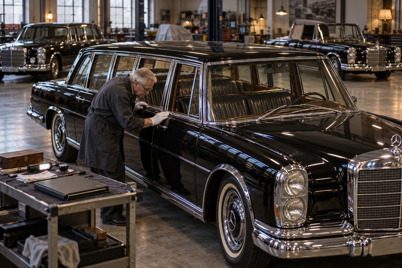 A mechanic wearing white gloves carefully inspects the door of a classic black Mercedes-Benz 600 Pullman limousine in a restoration garage