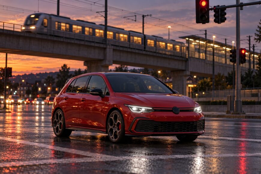 A red Volkswagen GTI parked on a wet city street at dusk with an illuminated commuter train passing on an elevated bridge above