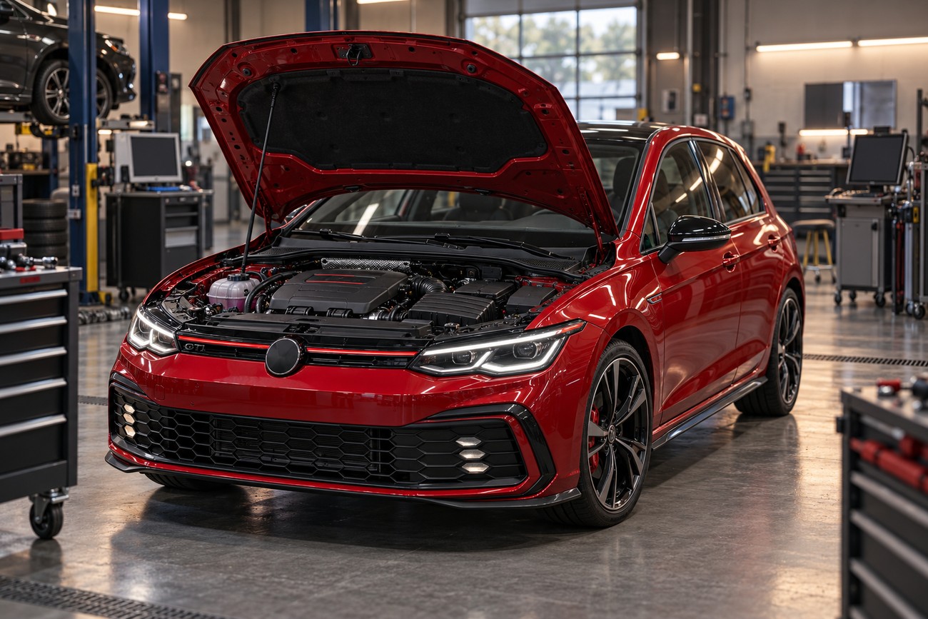 Bright red Volkswagen GTI with open hood parked inside a professional auto repair shop