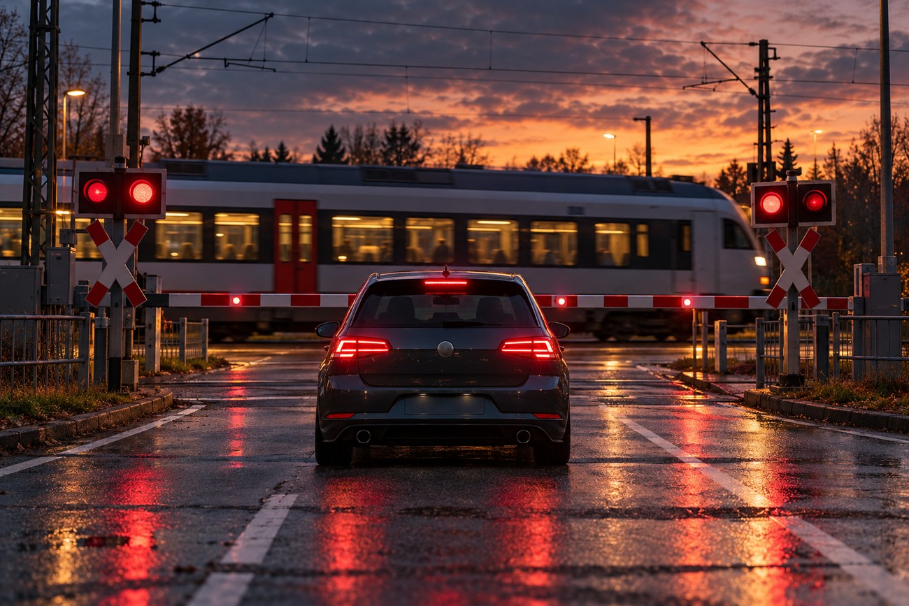A dark Volkswagen GTI stopped at a railway crossing with flashing red lights while a commuter train passes in the background