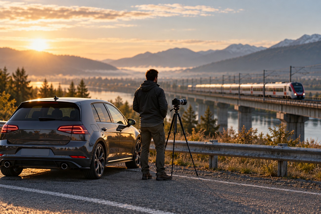 A man standing beside a parked Volkswagen GTI on a roadside next to a camera on a tripod while a commuter train crosses a bridge at sunset