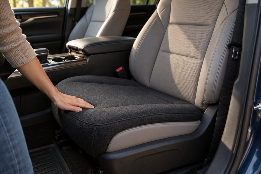 A person touching a comfortable dark fabric seat cover installed on a car seat