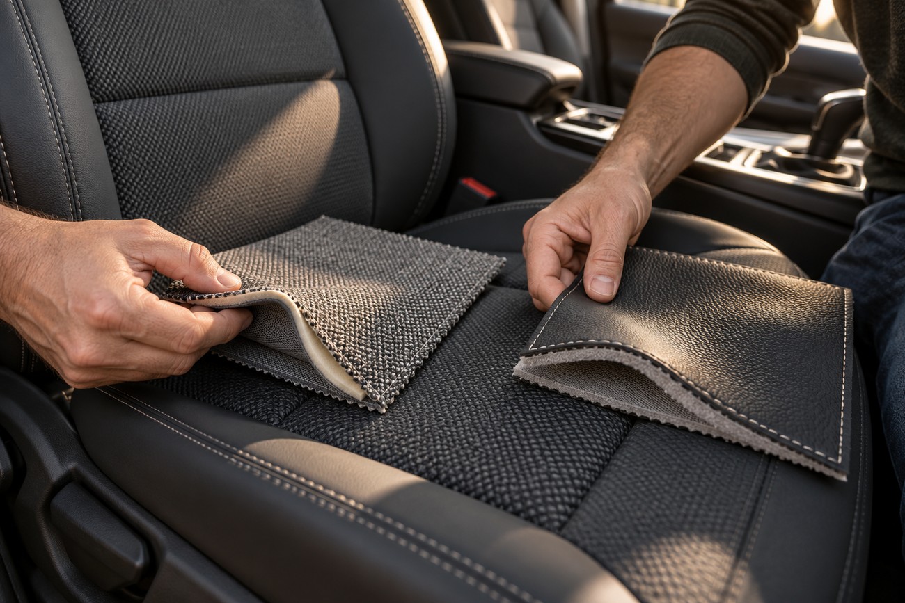 A man holding fabric and leather samples on a car seat inside a vehicle cabin