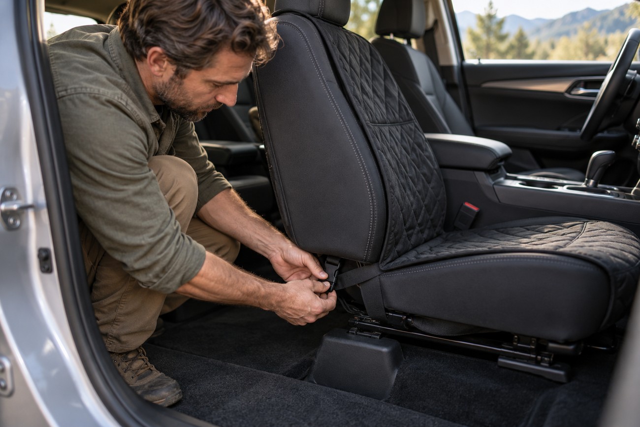 A man crouching inside a car and securing straps on a black quilted seat cover