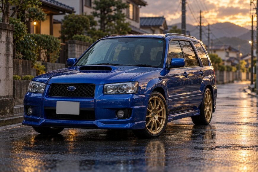 A blue Subaru Forester STI with gold wheels parked on a wet street in Japan during sunset