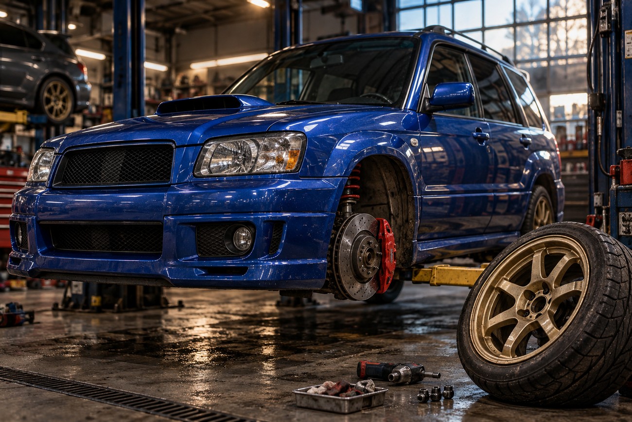 Blue Subaru Forester STI lifted on a hydraulic jack in a workshop with a gold wheel removed