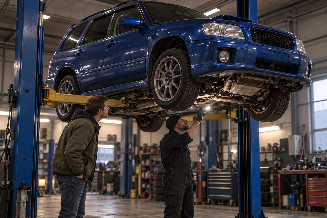 A blue Subaru Forester STI raised on a hydraulic lift in a workshop while a mechanic inspects the underside with a light for a customer