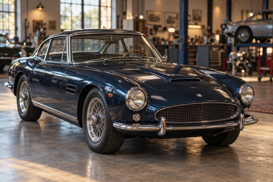Classic dark blue AC 428 Frua coupe with wire wheels parked inside a brightly lit restoration workshop