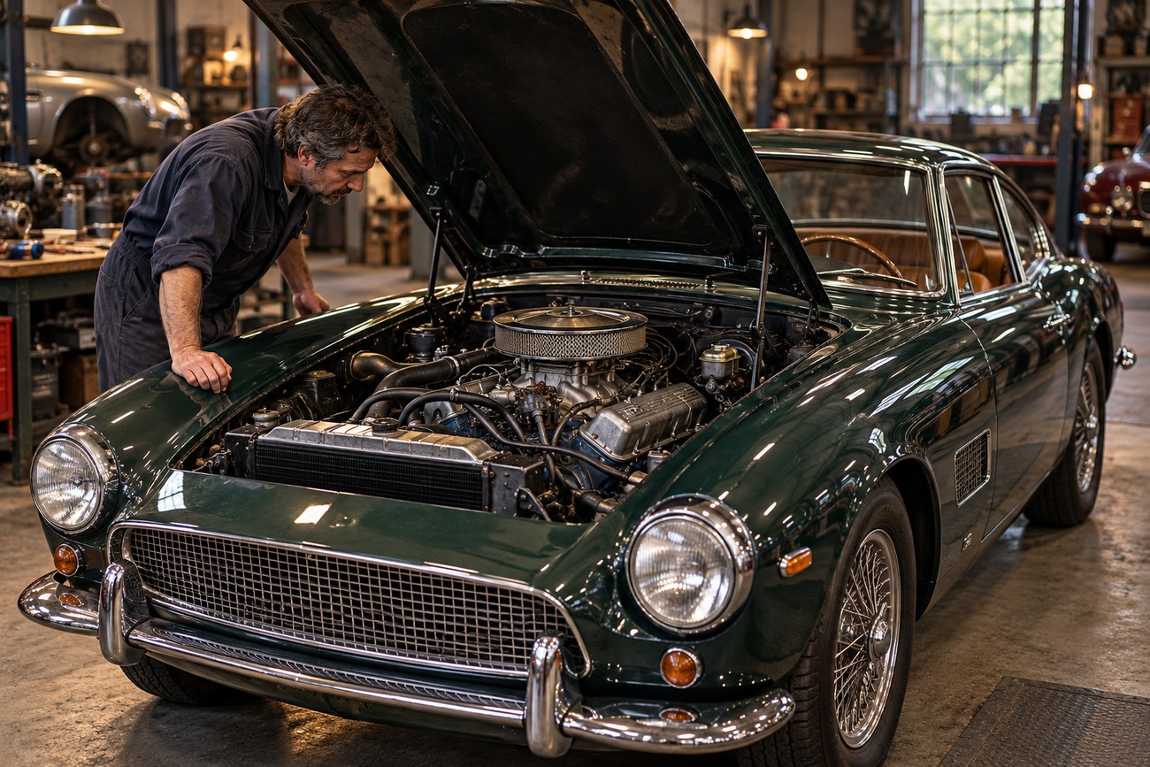 Mechanic examining the engine bay of a dark green AC 428 Frua classic car with the hood open in a vintage workshop