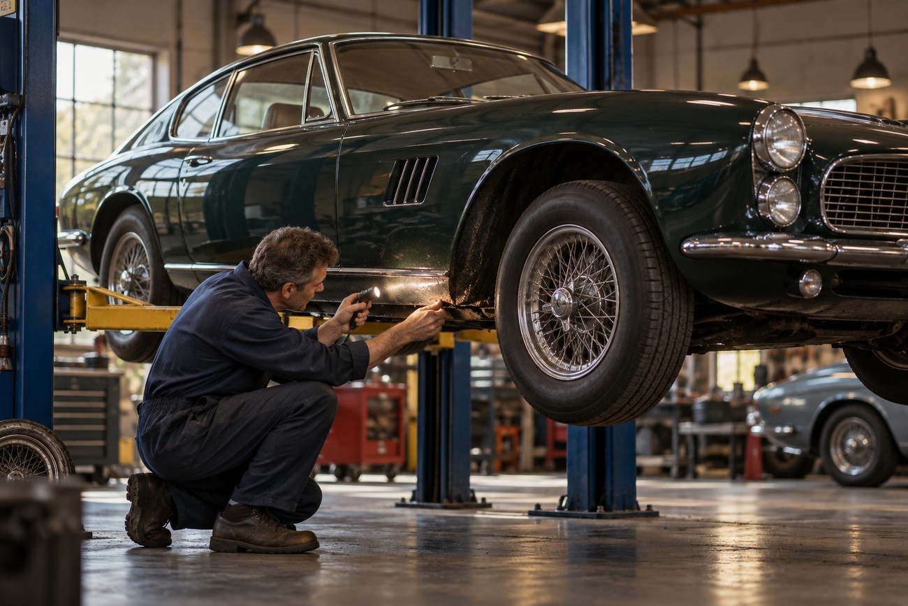 Mechanic crouching with a flashlight to inspect the chassis of a dark green AC 428 Frua raised on a lift inside a vintage workshop