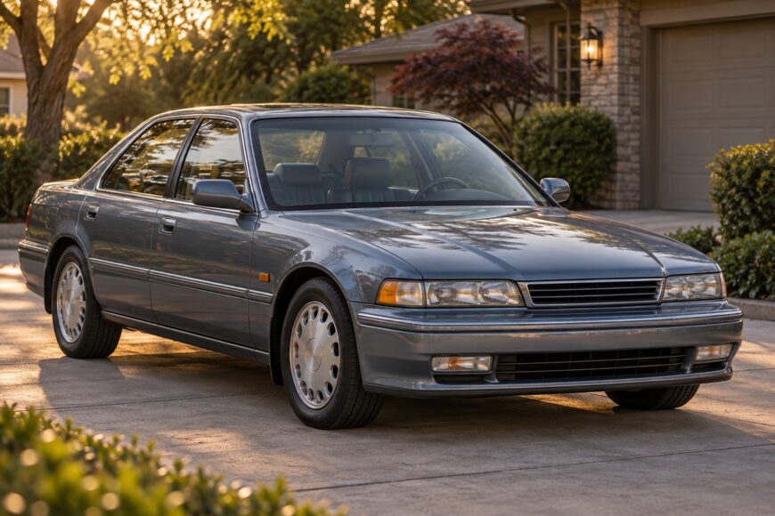 A classic gray Acura Vigor sedan parked in a suburban driveway during the late afternoon sunlight